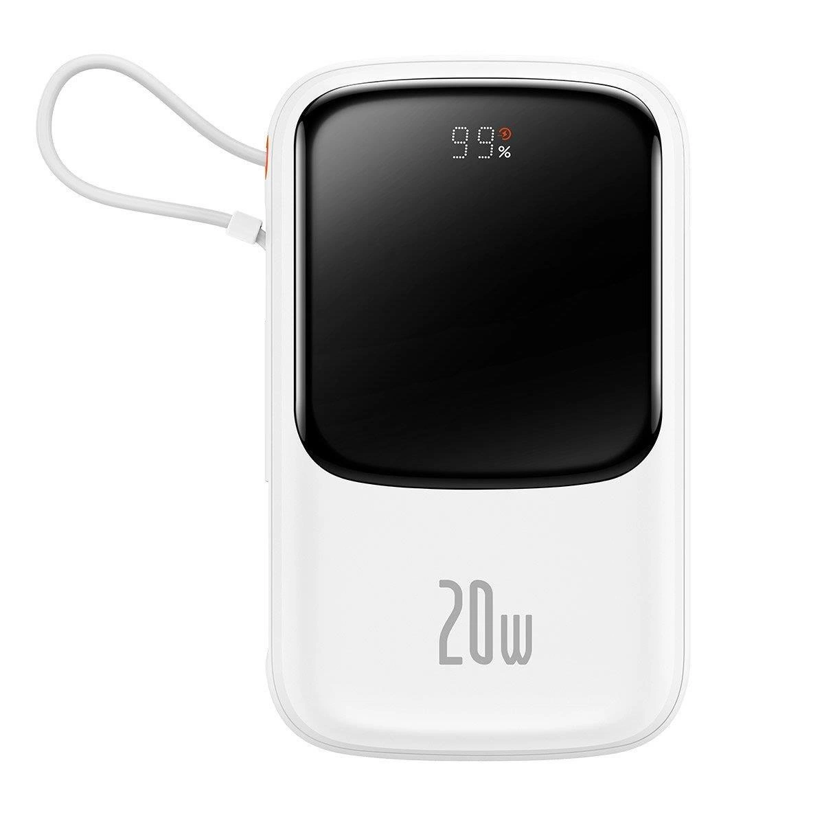 Baseus Qpow skaitmeninis ekranas powerbank 10000mAh 20W QC/PD/SCP/FCP su integruotu Lightning laidu – baltas