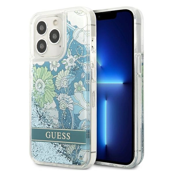 Guess GUHCP13LLFLSN iPhone 13 Pro / 13 6.1" žalias/kietas dėklas Flower Liquid Glitter