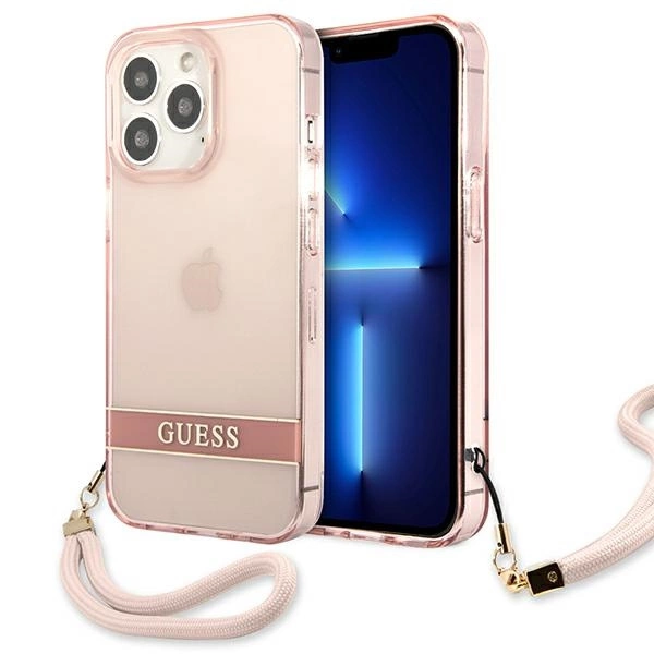 Guess Translucent Strap dėklas iPhone 13 Pro / 13 6.1" – rožinis