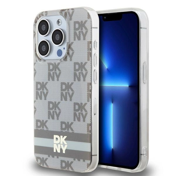 DKNY IML Checkered Mono Pattern & Printed Stripes MagSafe dėklas iPhone 15 Pro – smėlio spalvos