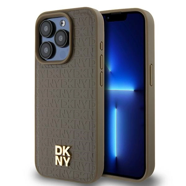 DKNY Leather Pattern Metal Logo MagSafe dėklas iPhone 14 Pro Max – rudas