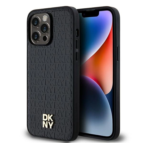 DKNY Leather Monogram Pattern Metal Logo MagSafe dėklas iPhone 14 Pro Max – juodas