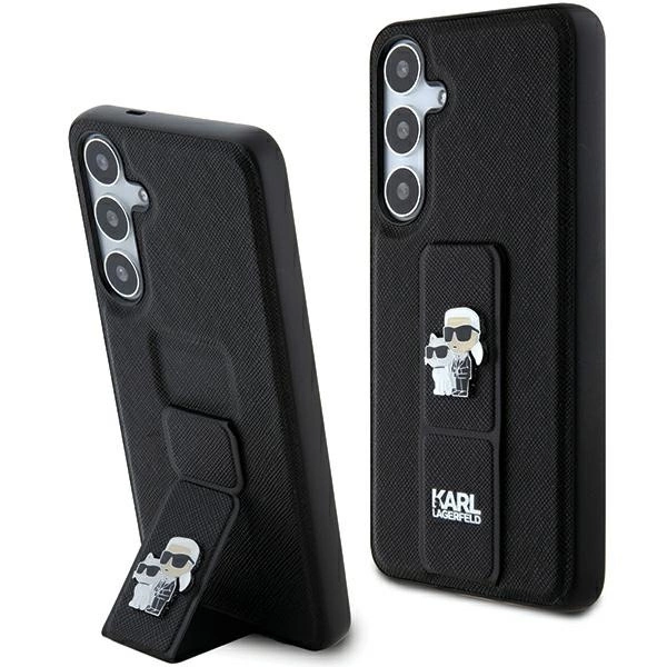 Karl Lagerfeld Gripstand Saffiano Karl & Choupette Pins dėklas Samsung Galaxy S24+ - juodas
