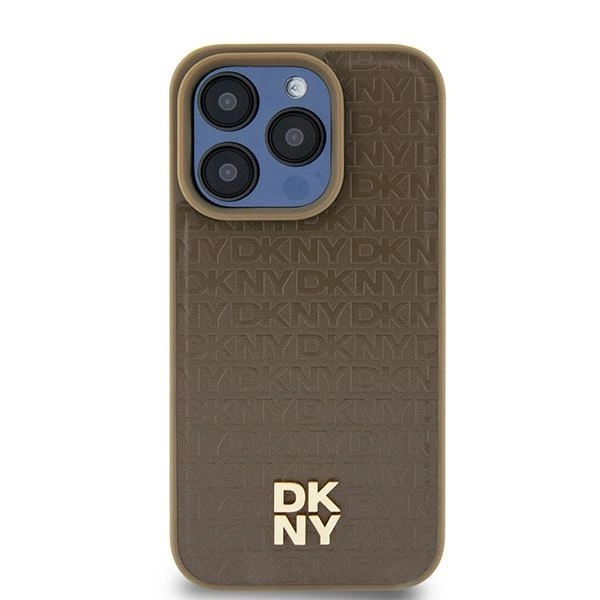 DKNY Leather Pattern Metal Logo MagSafe dėklas iPhone 15 / 14 / 13 – rudas