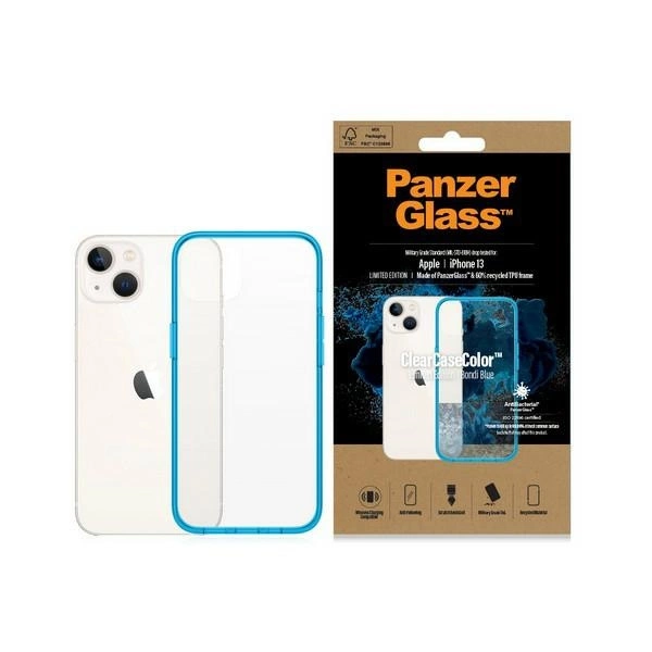 PanzerGlass ClearCase antibakterinis dėklas su Karinės klasės sertifikatu iPhone 13 / 14 / 15 – skaidrus mėlynas