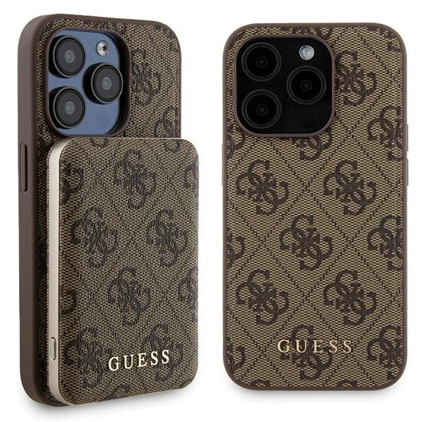 Guess 4G Metalinio logotipo dėklų rinkinys iPhone 15 Pro Max + 5000mAh MagSafe powerbank – rudas