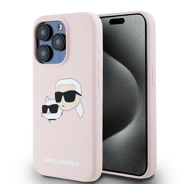 Karl Lagerfeld Silikoninis Karl & Choupette MagSafe dėklas iPhone 15 Pro Max – rožinis