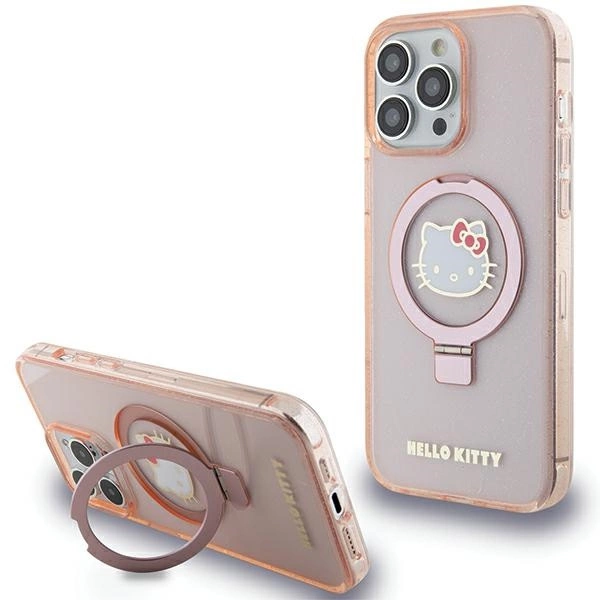 Hello Kitty Ring Stand Glitter Electrop Logo MagSafe dėklas iPhone 15 Pro Max - rožinis