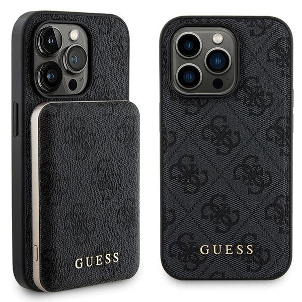 Guess 4G Metalinio logotipo dėklų rinkinys iPhone 15 Pro Max + 5000mAh MagSafe powerbank – juodas