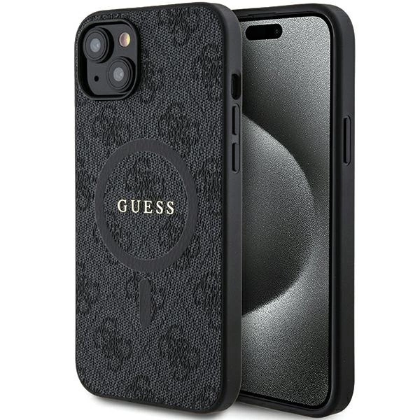 Guess 4G Collection odinis dėklas su metaliniu logotipu MagSafe iPhone 15/14/13 - juodas