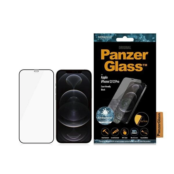PanzerGlass E2E Super+ Microfracture antibakterinis grūdintas stiklas iPhone 12 / 12 Pro - su juodu rėmeliu