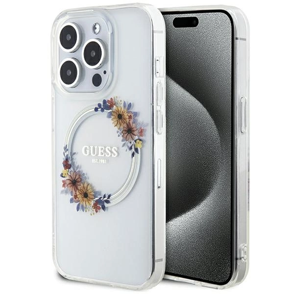 Guess IML Flowers Wreatch MagSafe dėklas iPhone 15 Pro - permatomas