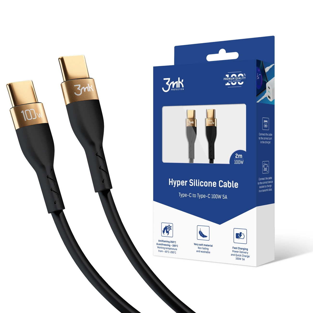 3mk Hyper Silicone Cable USB-C / USB-C 100W 2 m – juodas