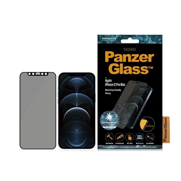PanzerGlass E2E Super+ Microfracture antibakterinis grūdintas stiklas iPhone 12 Pro Max - su juodu rėmeliu
