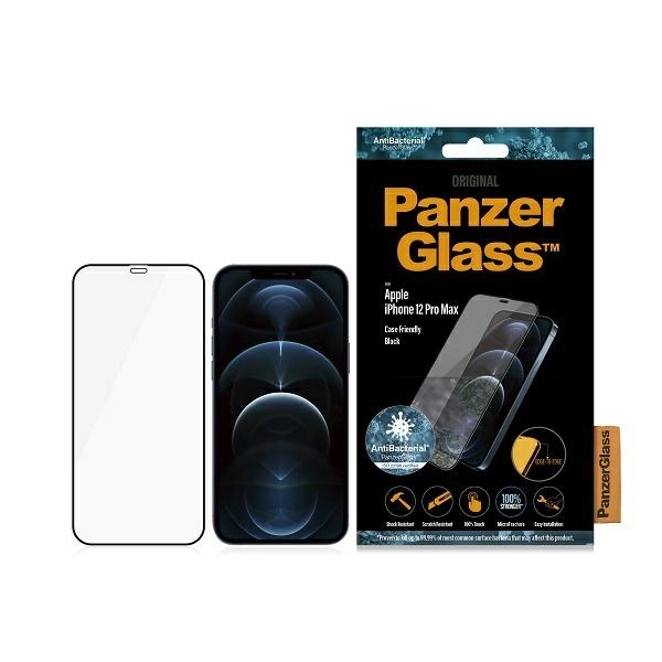 PanzerGlass E2E Super+ Microfracture antibakterinis grūdintas stiklas iPhone 12 Pro Max - su juodu rėmeliu