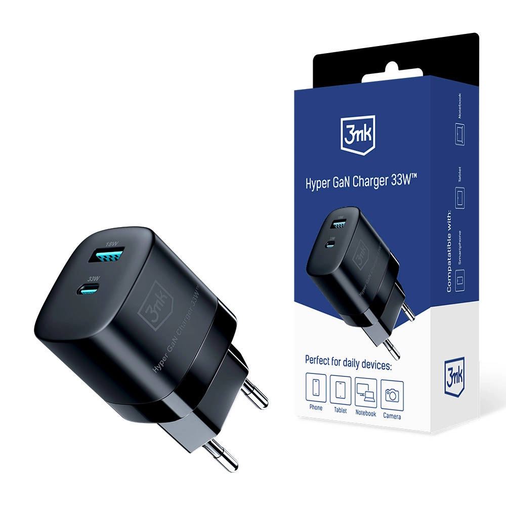 3mk Hyper Charger GaN 33W USB-C USB-A sieninis įkroviklis – juodas