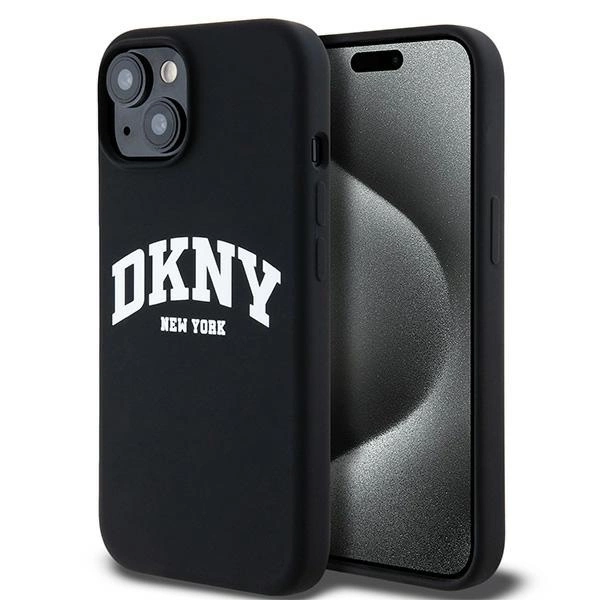 DKNY Liquid Silicone White Printed Logo MagSafe dėklas iPhone 15 Plus / 14 Plus – juodas