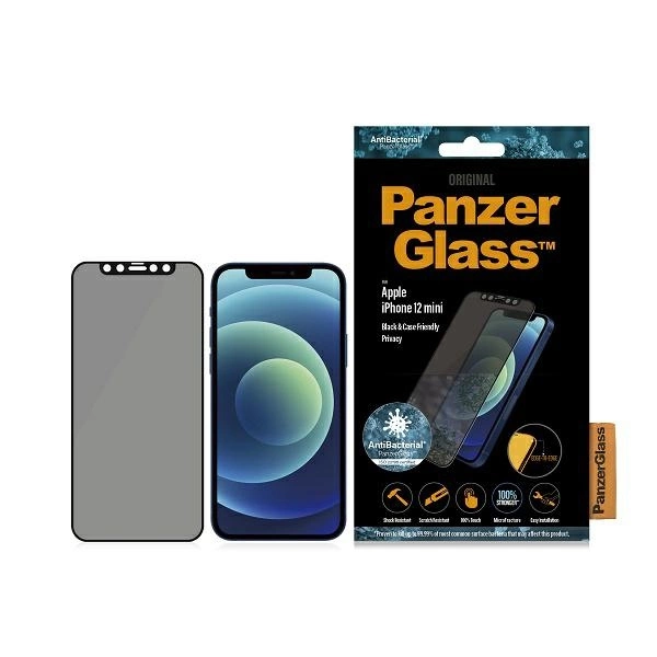 PanzerGlass E2E Super+ Microfracture antibakterinis grūdintas stiklas iPhone 12 mini - su juodu rėmeliu