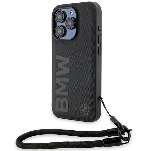 BMW Signature Leather Wordmark Cord dėklas iPhone 15 Pro - juodas