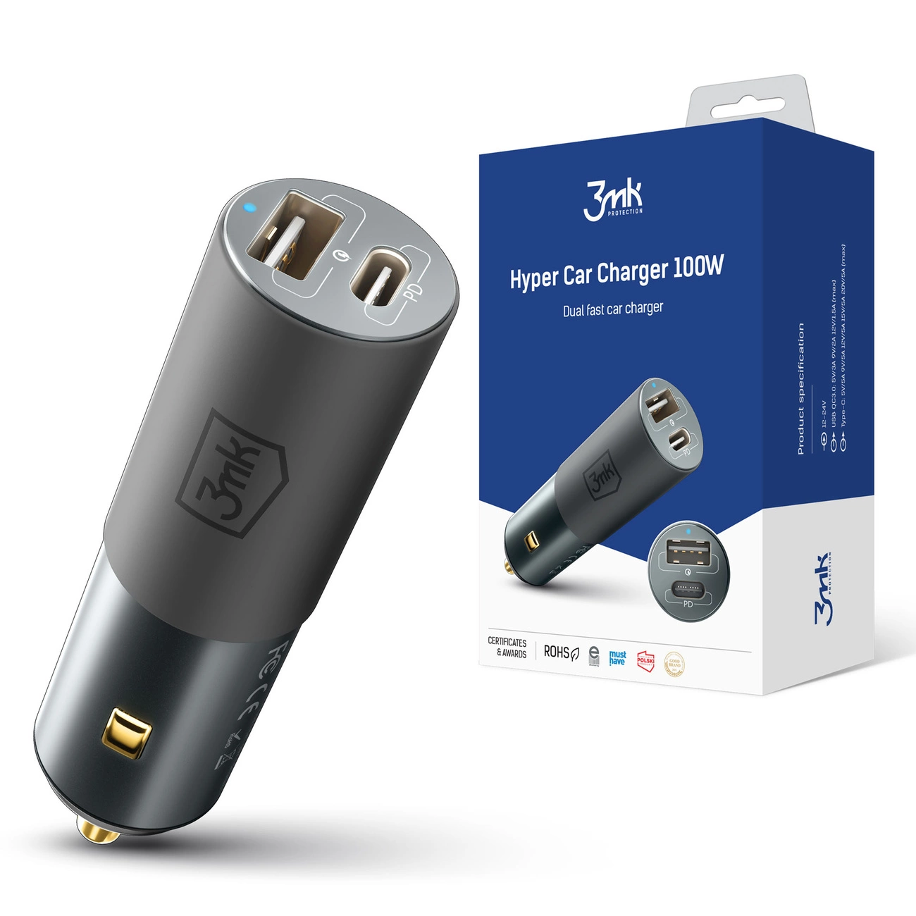 3mk Hyper automobilių įkroviklis USB-C USB-A 100W – sidabrinis