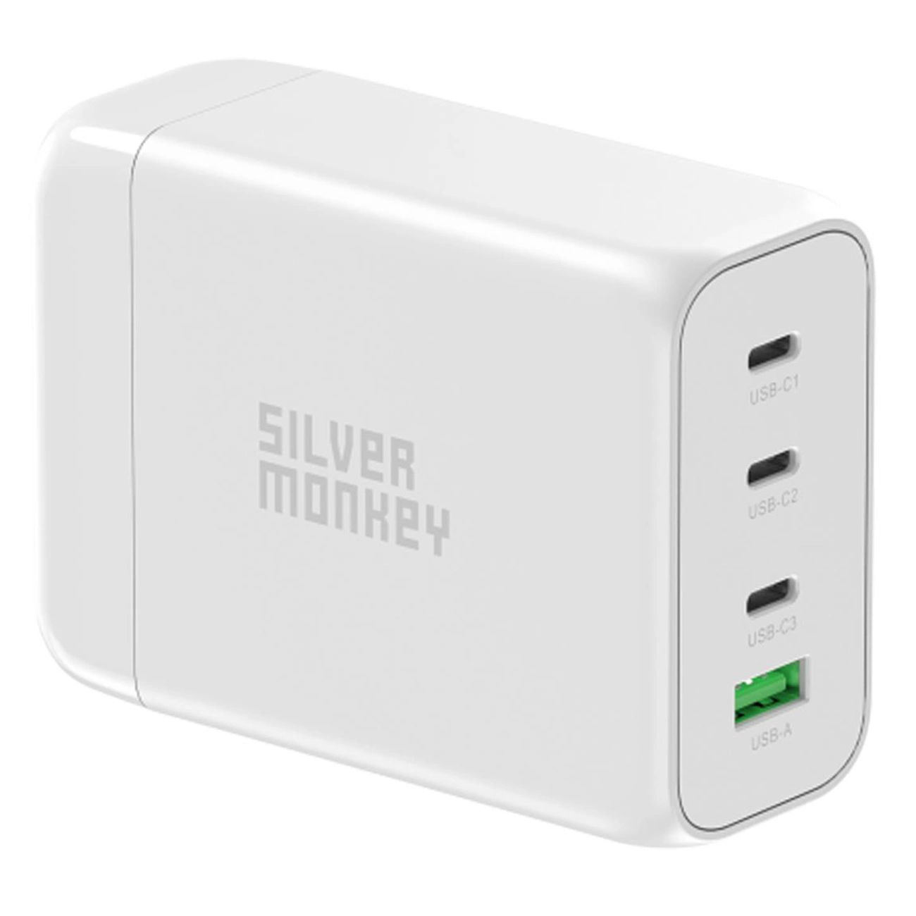 Silver Monkey SMA152 130W GaN įkroviklis 3x USB-C PD USB-A QC 3.0 su atskiru maitinimo kabeliu - baltas