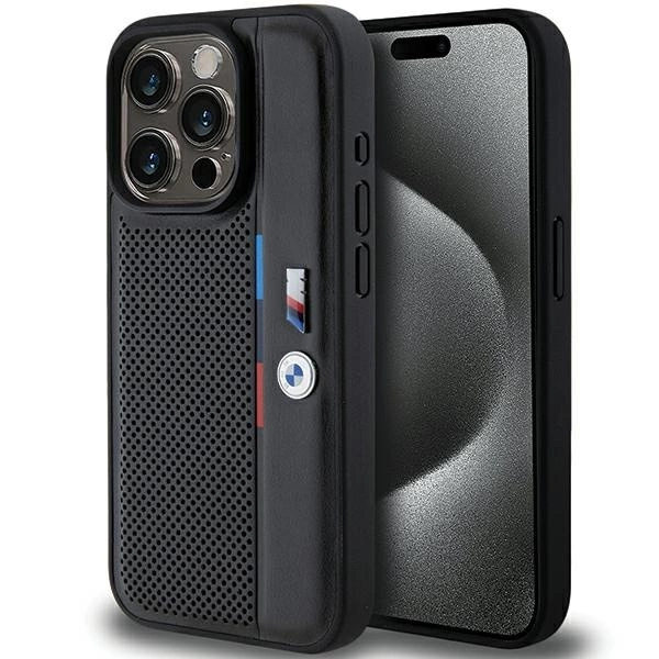 BMW perforuota Tricolor Line dėklas iPhone 15 Pro - juodas
