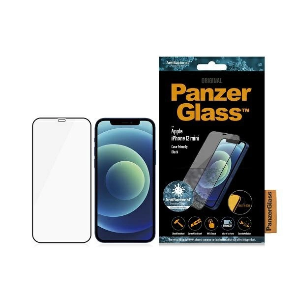 PanzerGlass E2E Super+ Microfracture antibakterinis grūdintas stiklas iPhone 12 mini - su juodu rėmeliu