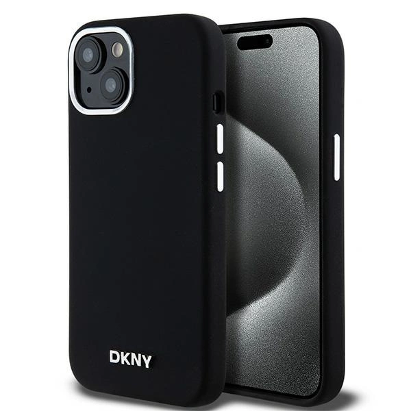DKNY Liquid Silicone Small Metal Logo MagSafe dėklas iPhone 15 Plus / 14 Plus – juodas