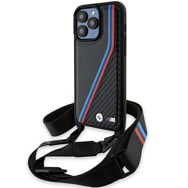 BMW M Edition Carbon Tricolor Lines & dirželis dėklas iPhone 15 Pro - juodas
