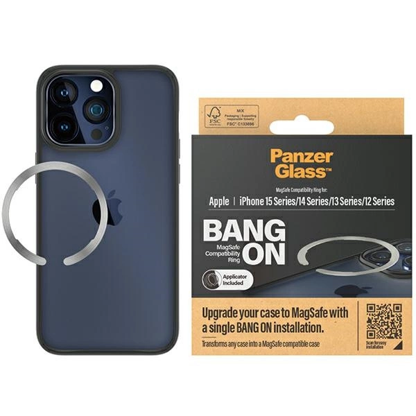 MagSafe PanzerGlass Bang ON žiedas iPhone 12 / 13 / 14 / 15 – sidabrinis