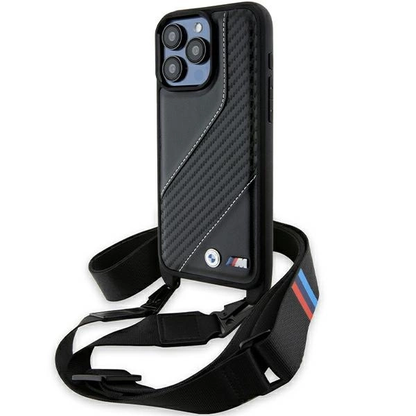 BMW M Edition Carbon Stripe & dirželis dėklas iPhone 15 Pro - juodas