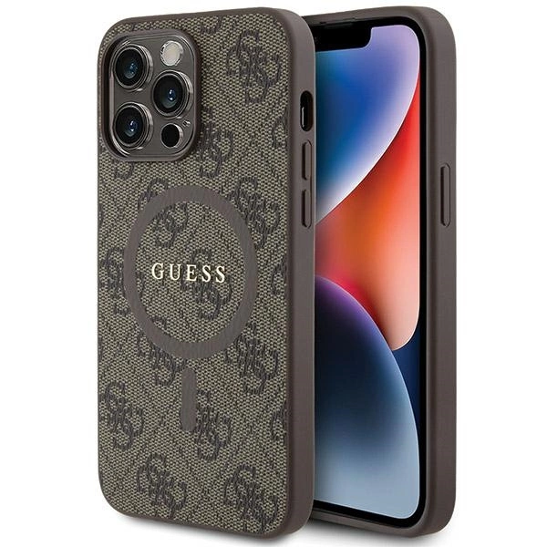 Guess 4G Collection odinis dėklas su metaliniu logotipu MagSafe iPhone 14 Pro Max - rudas