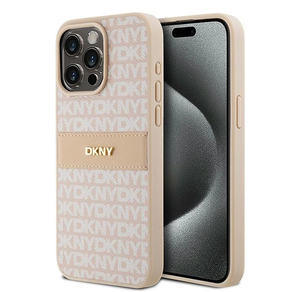 DKNY Leather Mono Stripe & Metal Logo dėklas iPhone 15 Pro Max – rožinis