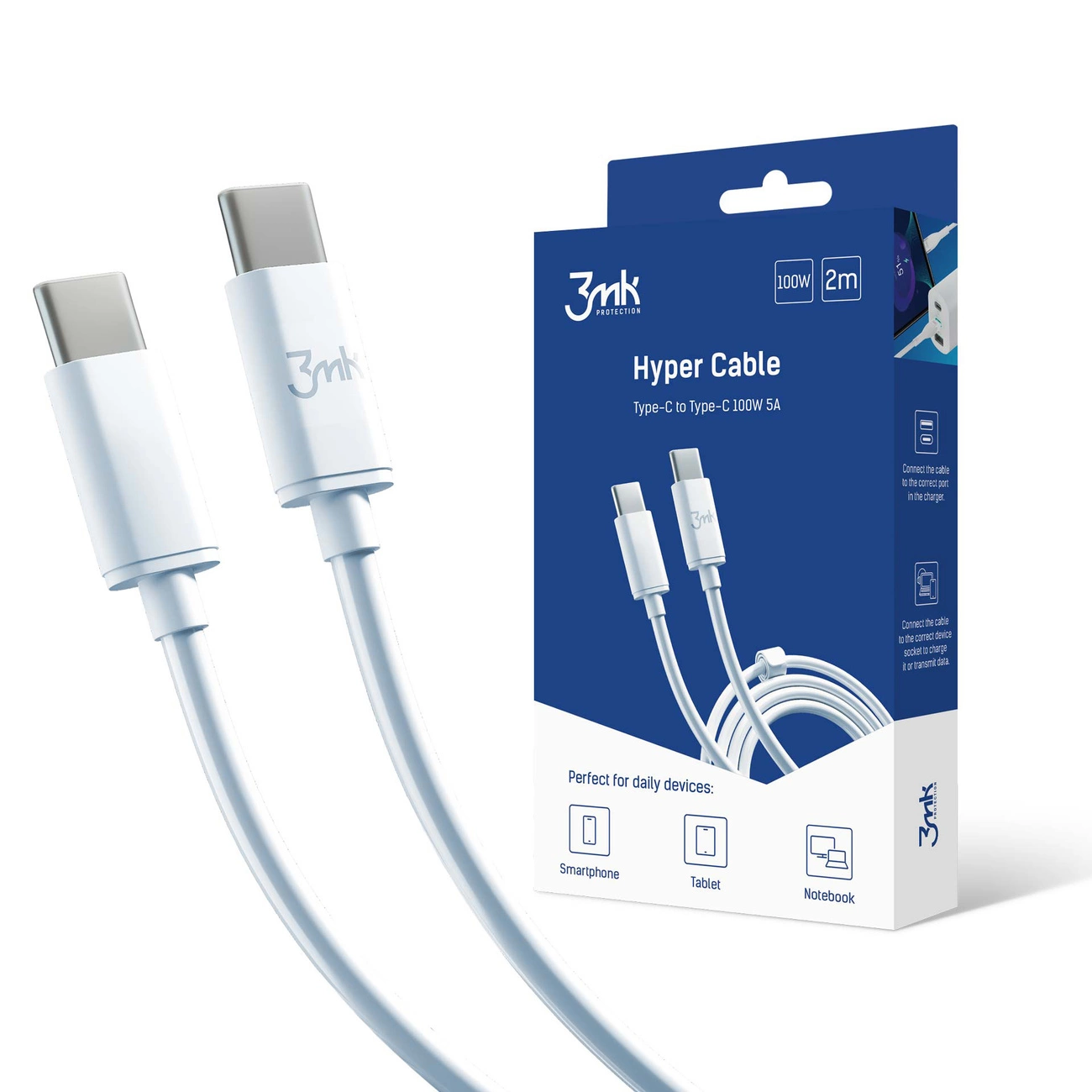 3mk Hyper Cable USB-C / USB-C 100W 2 m – baltas