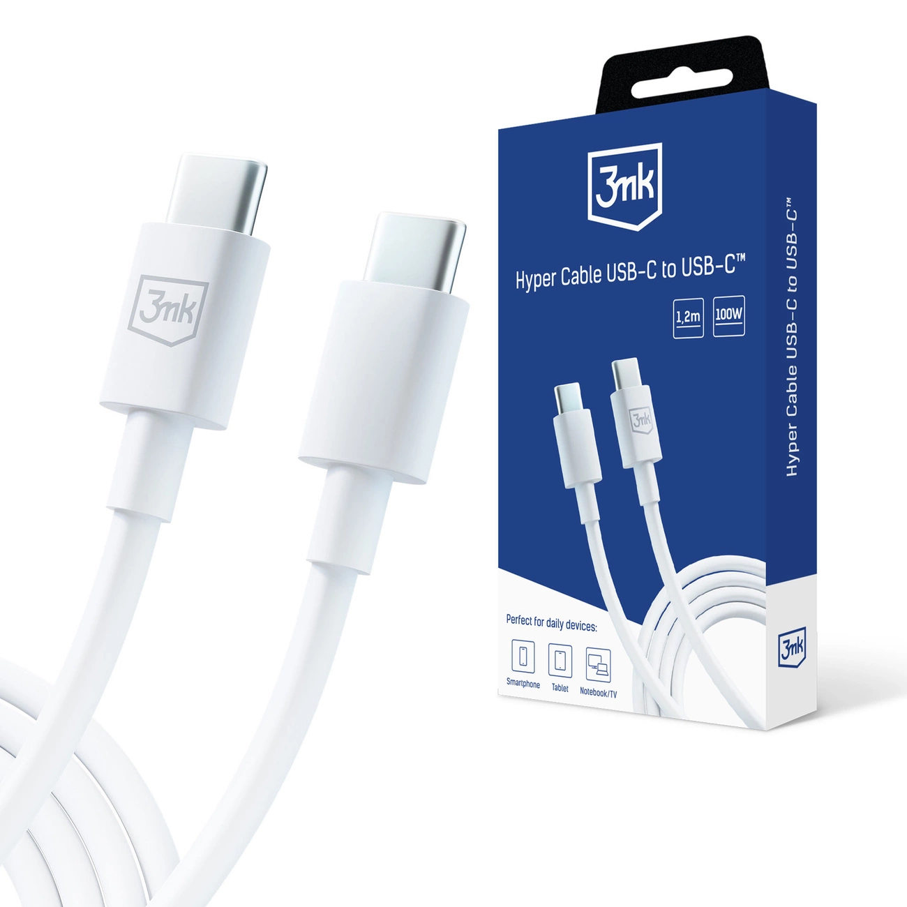 3mk Hyper Cable USB-C / USB-C 100W 1,2 m – baltas