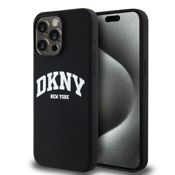 DKNY Liquid Silicone White Printed Logo MagSafe dėklas iPhone 14 Pro Max – juodas