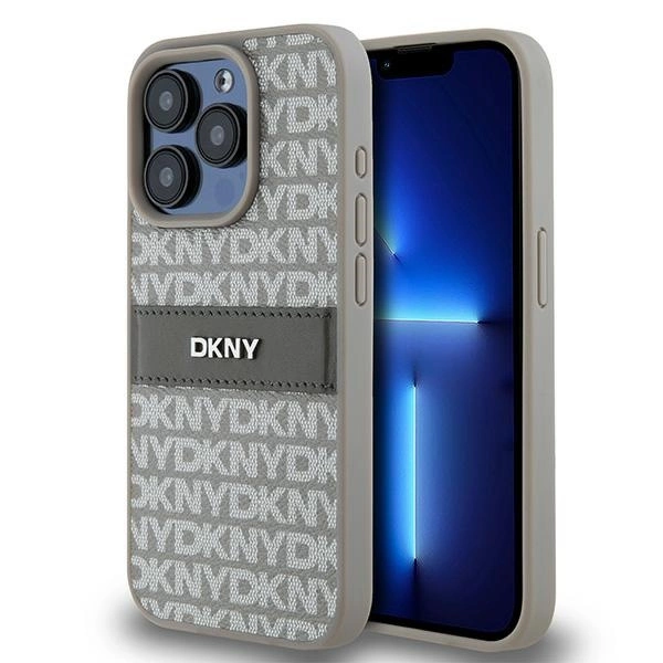 DKNY Leather Mono Stripe & Metal Logo dėklas iPhone 15 Pro Max – smėlio spalvos
