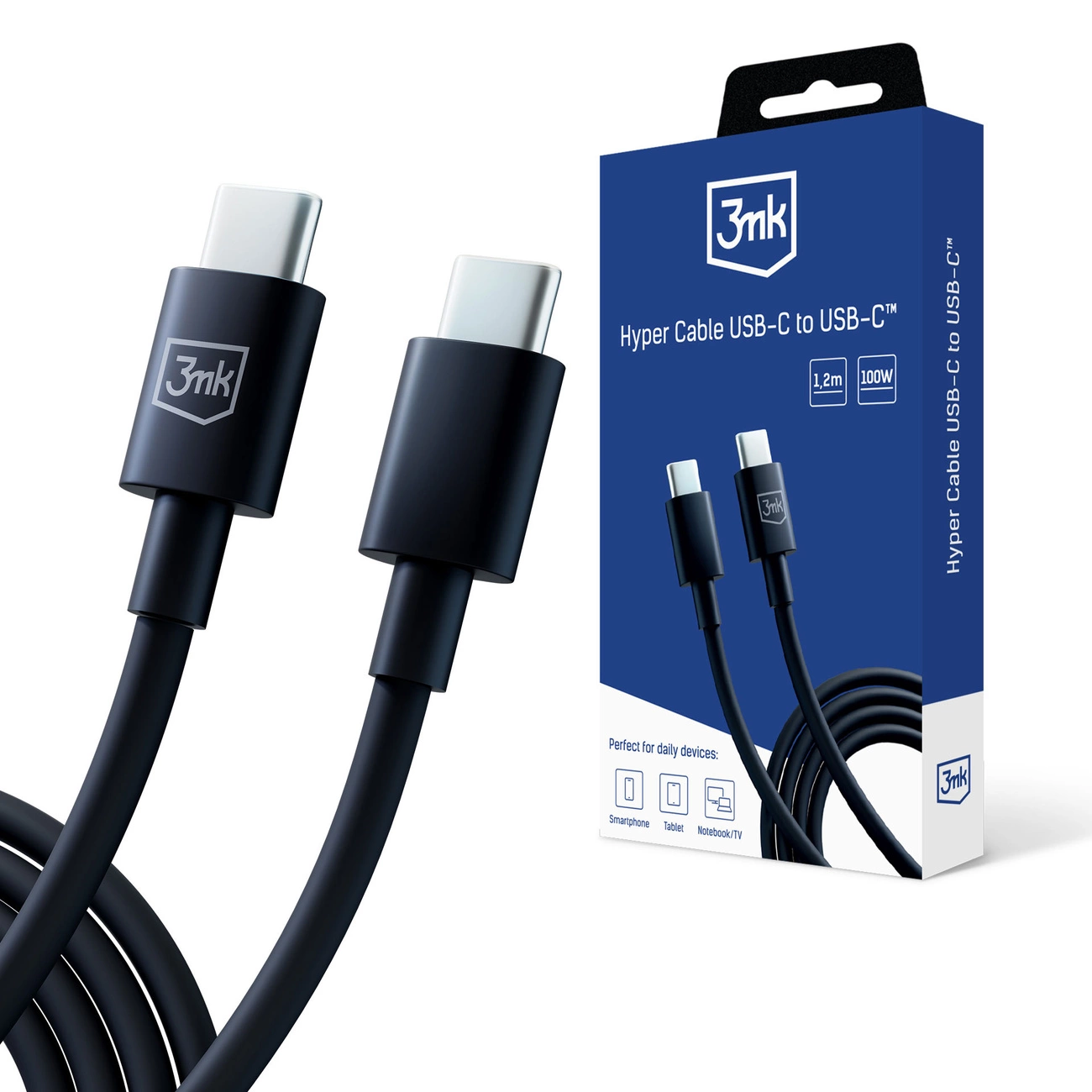 3mk Hyper Cable USB-C / USB-C 100W 1,2 m – juodas