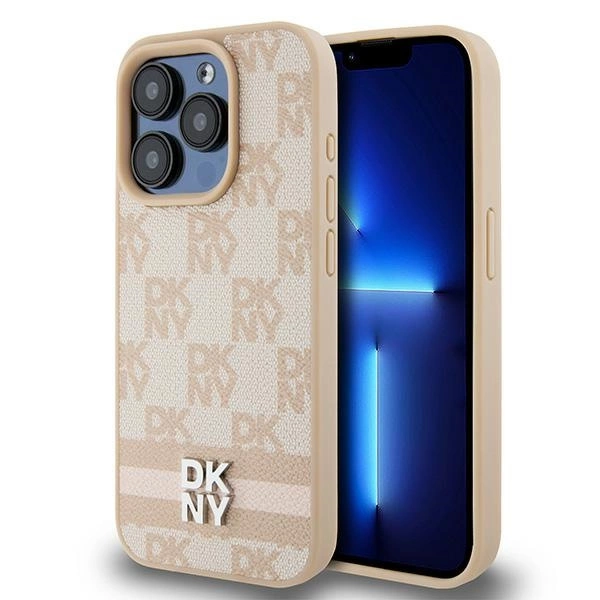 DKNY Leather Checkered Mono Pattern & Printed Stripes dėklas iPhone 15 Pro Max – rožinis