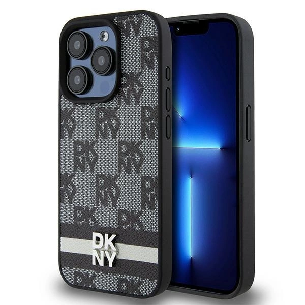 DKNY Leather Checkered Mono Pattern & Printed Stripes dėklas iPhone 15 Pro Max – juodas