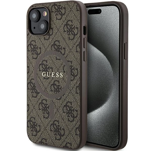 Guess 4G Collection odinis dėklas su metaliniu logotipu MagSafe iPhone 14/15/13 - rudas