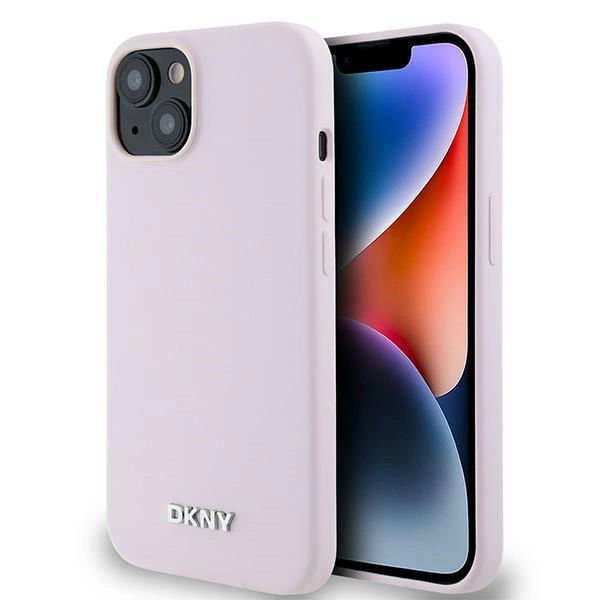 DKNY Liquid Silicone Small Metal Logo MagSafe dėklas iPhone 14/15/13 – rožinis