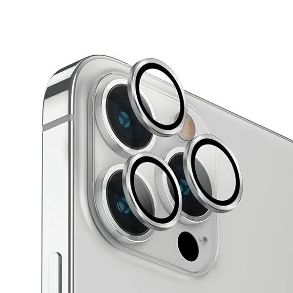 Uniq Optix Aliuminio kameros objektyvo apsauginis dėklas iPhone 14 Pro / 14 Pro Max su aplikatoriumi – sidabrinis