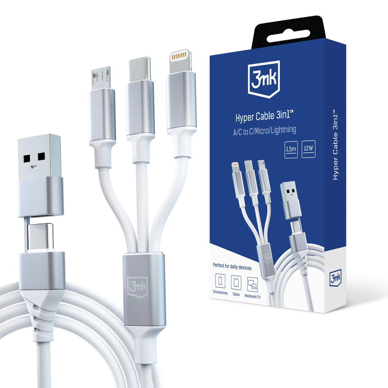 3mk Hyper Cable 3in1 USB-A – USB-C / USB-C – micro USB – Lightning 1,5 m – baltas