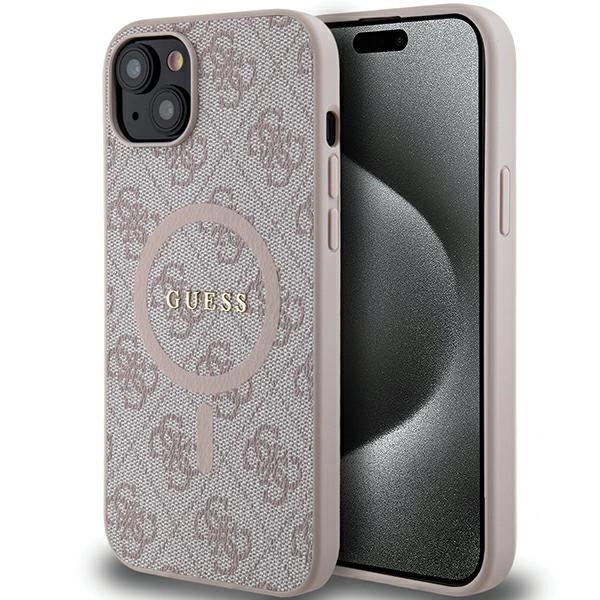 Guess 4G Collection odinis dėklas su metaliniu logotipu MagSafe iPhone 14/15/13 - rožinis