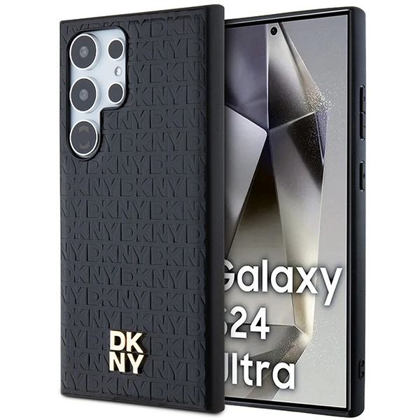 DKNY Leather Pattern Metal Logo MagSafe dėklas Samsung Galaxy S24 Ultra – juodas