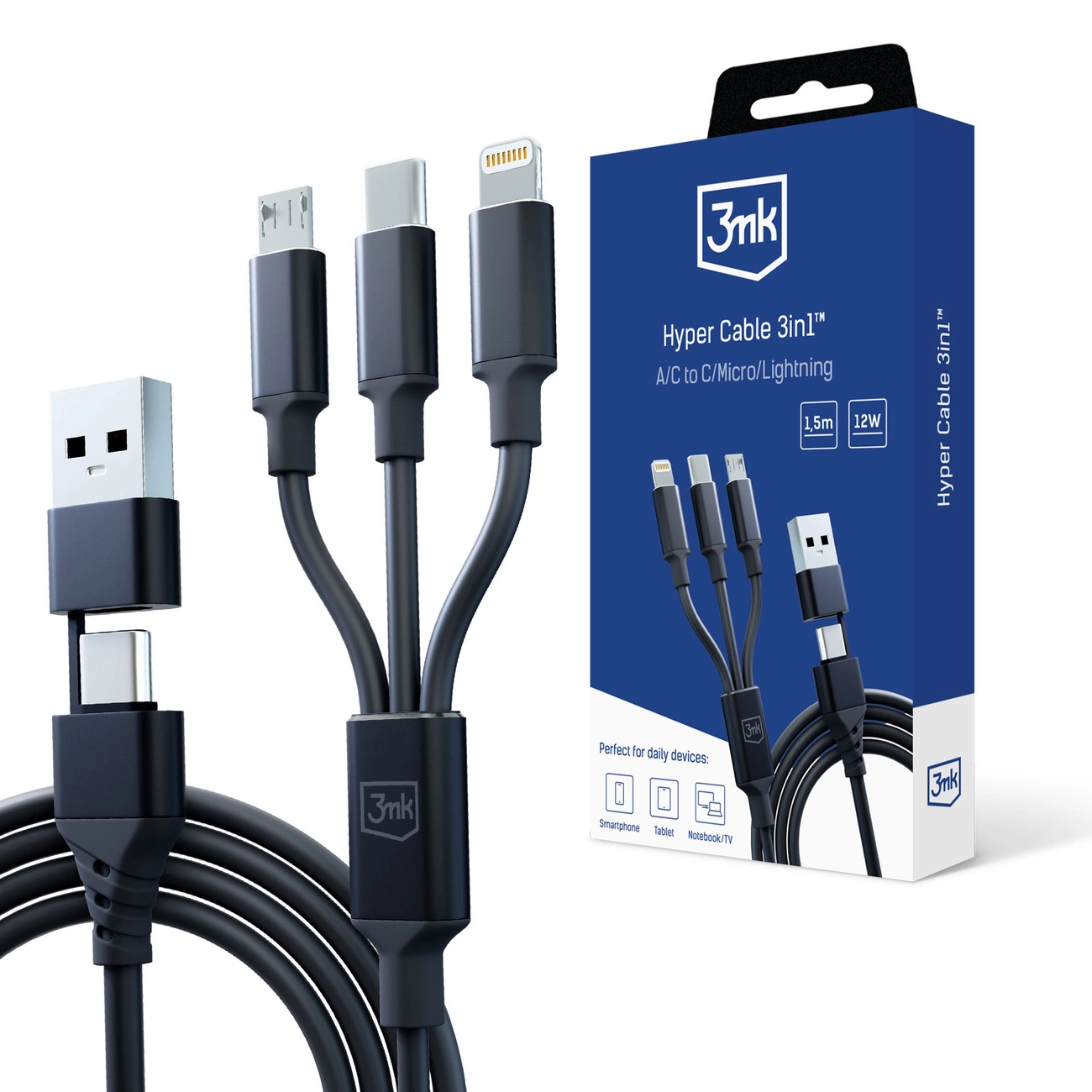 3mk Hyper Cable 3in1 USB-A – USB-C / USB-C – micro USB – Lightning 1,5 m – juodas