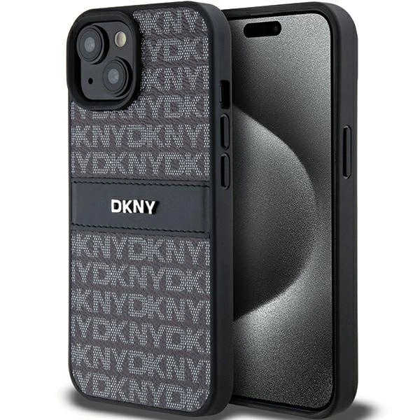 DKNY Leather Mono Stripe & Metal Logo dėklas iPhone 15 / 14 / 13 – juodas