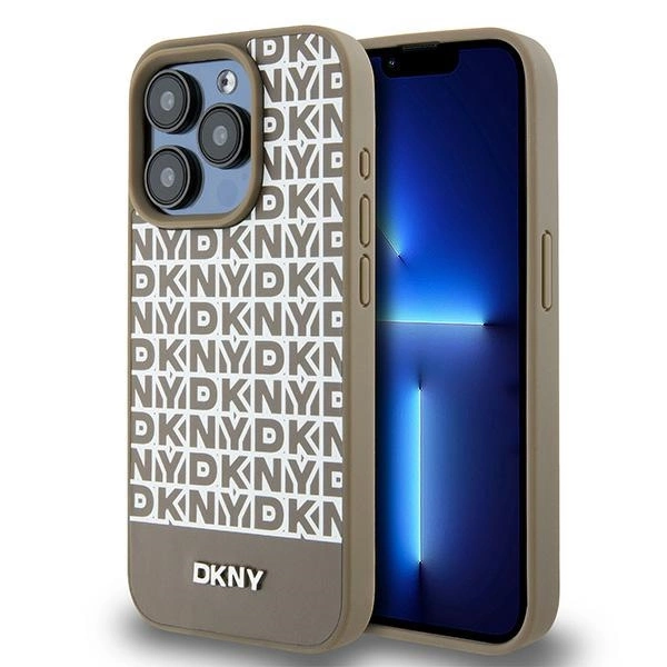 DKNY Leather Printed Pattern Metal Logo MagSafe dėklas iPhone 15 Pro Max – rudas