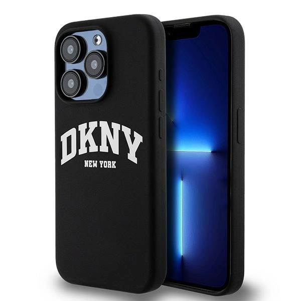 DKNY Liquid Silicone White Printed Logo MagSafe dėklas iPhone 14 Pro – juodas